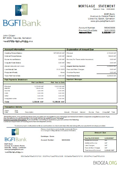 Cameroun BGFI banque relevé hypothécaire scr